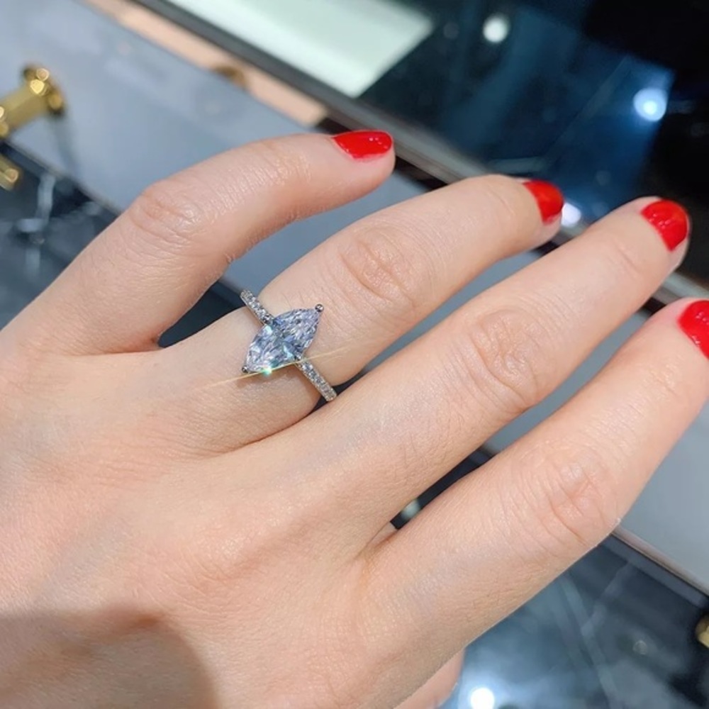 925 Sterling Silver SONA Diamond Marquise Engagement Ring - Picture 5 of 6